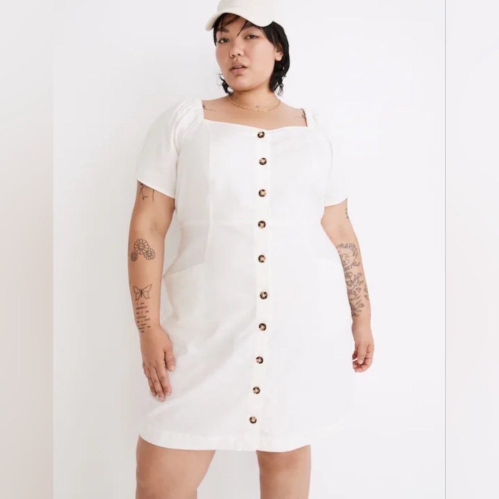 Madewell NWT NG020 Plus Linen-Cotton Puff-Sleeve Mini Dress, Size 26W